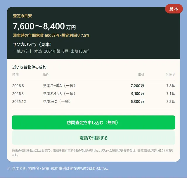 一棟アパートの査定結果カードの見本